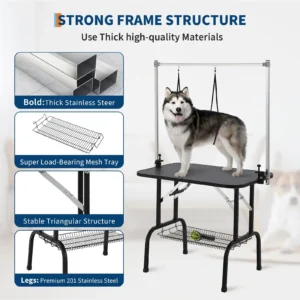 Dog Grooming Table, Foldable Pet Grooming Table for Dogs at Home with Height Adjustable Arms, Noose, Mesh Tray, 330LBS Static We