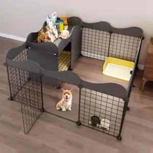 Portable Dog Fence for Small Dogs Adjustable Pet Playpen with Top Storage Iron Mesh Panels 2-in-1 Design Injection Molded Base
