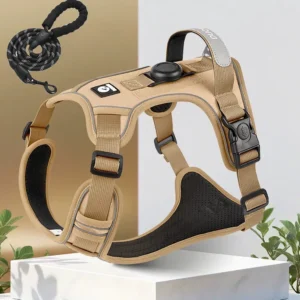 Dog Harness with Airtag Holder and Leash Set-Premium Oxford Breathable Material Durable Reflective Dog Harness and Leash Set