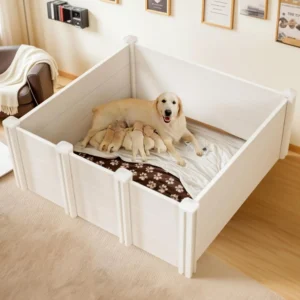 Large Dog Whelping Box, Puppy Playpen, Waterproof PVC Pen for Indoor Outdoor Use, 48x48x18 Inch White